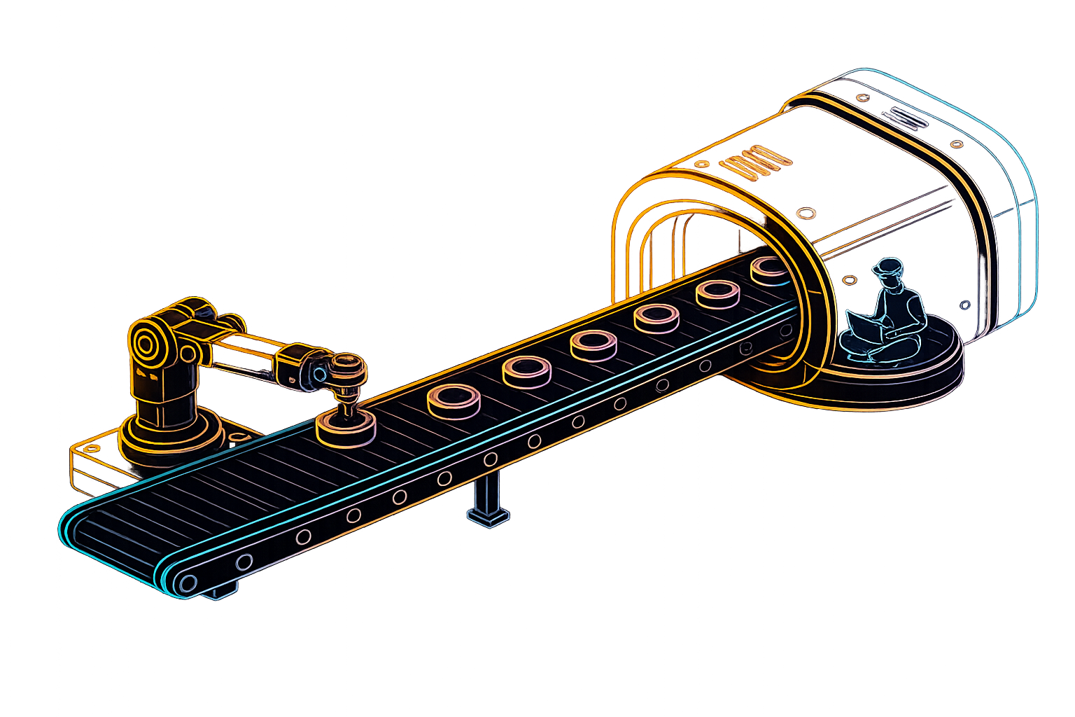 OpenMES production line with robotic arm, conveyor belt and operator